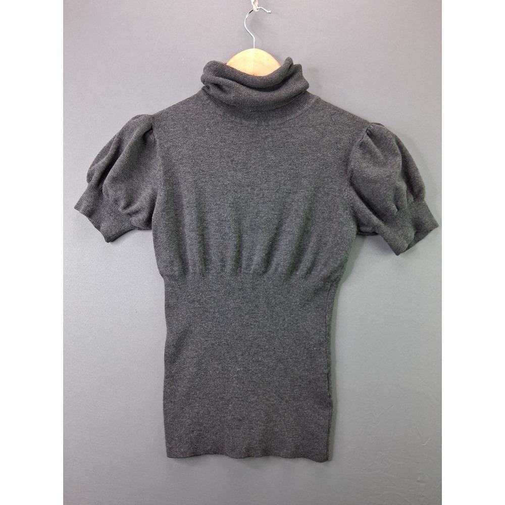 Sele Turtleneck Sweater Short Puff Sleeve Keyhole Back M Gray Knit Top ZEB7737L